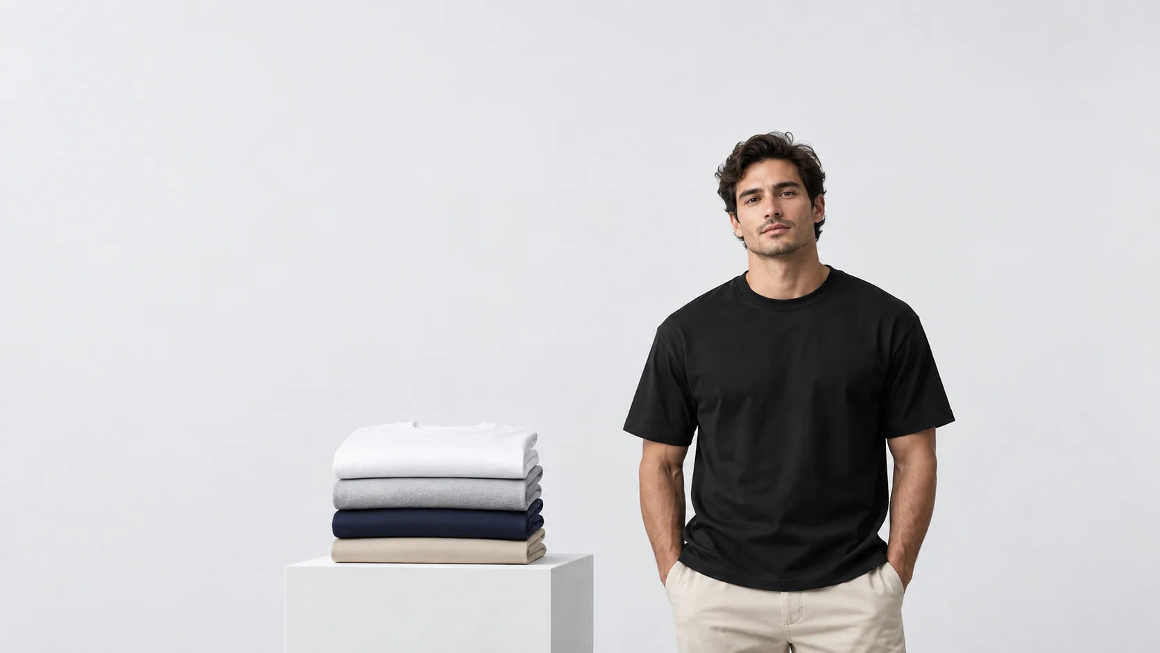 Hombre con playera UrbanFit negra junto a una pila de playeras blanca, gris, azul marino y arena